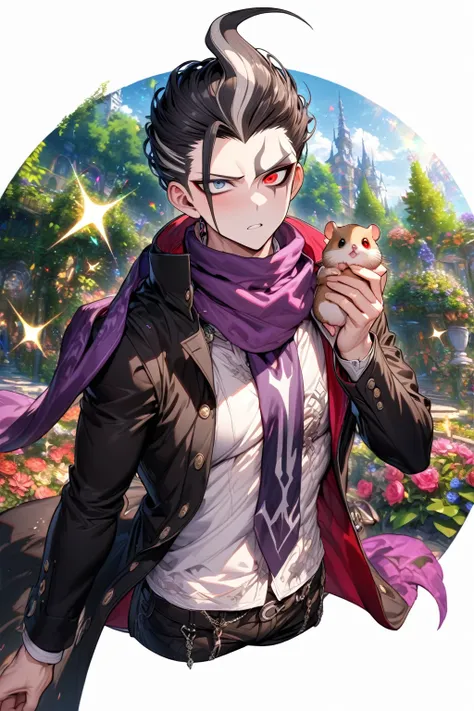 absurdres, highres, ultra detailed, HDR, master piece, Tanaka Gundham, black hair, Heterochromia, expressive gray left eye, right red eye, black long coat, purple scarf, white shirt, sexy man holding a hamster, best quality, Danganronpa 2, solo, fantasy, m...