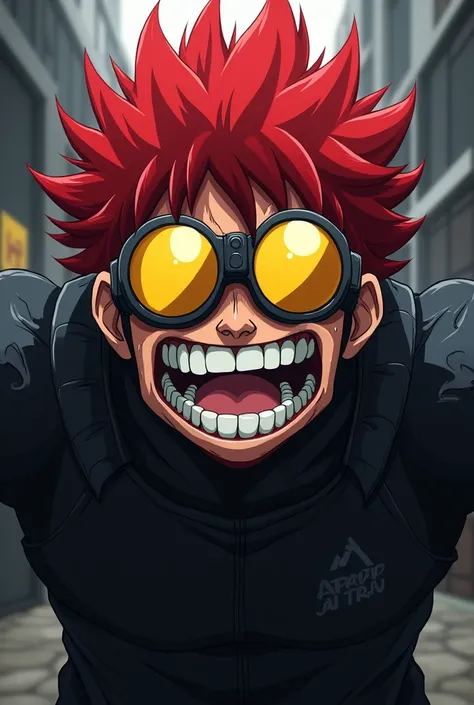 "An anime style character with bright red, spiky hair, wearing yellow goggles and metal face armor that reveals an extremely large and detailed smile displaying sharp and exaggerated teeth. The character has a fierce and energetic appearance, with tense fa...