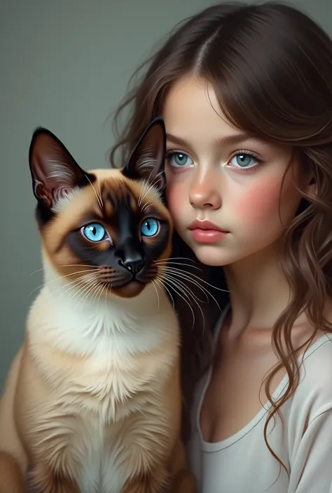 Blue-eyed Siamese cat with brunette test girl