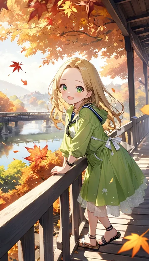 1girl, the girl is child, blonde hair,  long hair, forehead, Sailor-style hoodie, White ribbon on chest、see-through、black bracelet, thighs, Sandals, necklace, Sparkling green eyes, Transparent white skin、(Happy expression)、Detailed Pretty Dresses, (Angle f...