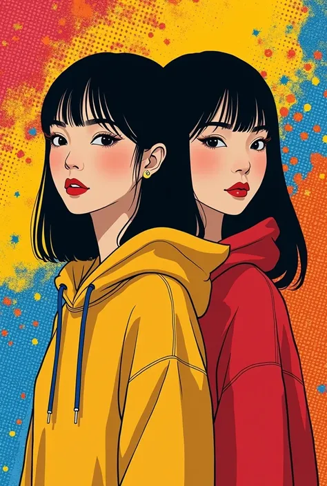 live-action、Real、Lichtenstein Style、Beautiful Japanese Women、dot、Vivid Color、Black Hair、Straight Hair、hoodie