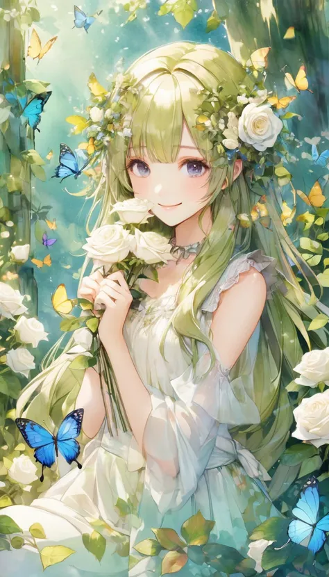 Girls, dryads, wooden hair, butterflies, white roses, flower petals, smiles, the aesthetic colors created by colorful tiles, cute poses, meaningless illustrations, exquisite color balance and harmony, mysterious watercolor style, glass-like transparency, s...