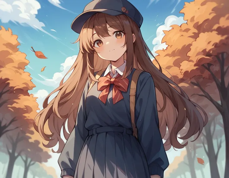 High school girl、Brown Hair、Long Hair、Autumn clothes、Stylish、Cute hat