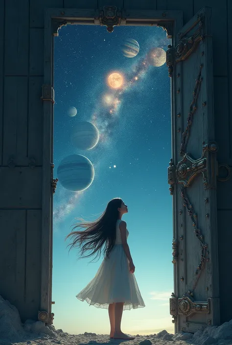 a girl with long hair, white dress, looking at the sky at night, In the sky a giant iron door was drawn and opened and through it you can see several planets in a row and an entire galaxy behind them..