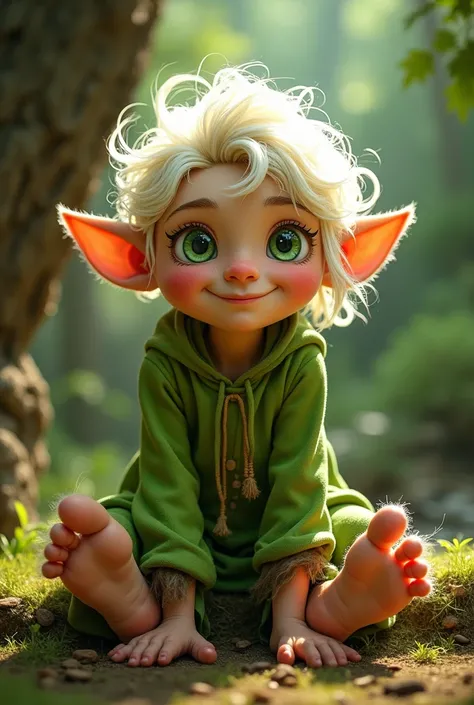 A hairy feet, light hair and eyes, alchemist. Green clothes and smiling