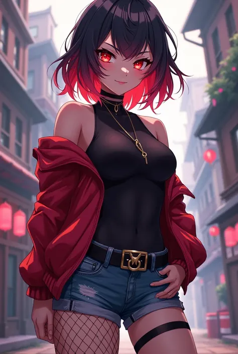 Female character, hair medium sized/ chest length, dark with bright red degrade... Reddish eyes. 
She can get a black body-suit, a red jacket, a belt and jean-shorts with fishnet stockings. 
Genshin impact  / Anime style. 