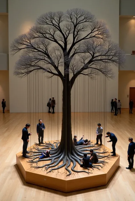 metal tree with branches of aerial roots that return to the earth in the shape of thin metal musical strings stretched tightly and enter the ground.
The sound sculpture is on an 8-sided octagonal wooden platform measuring 5 meters in diameter. 3 people are...