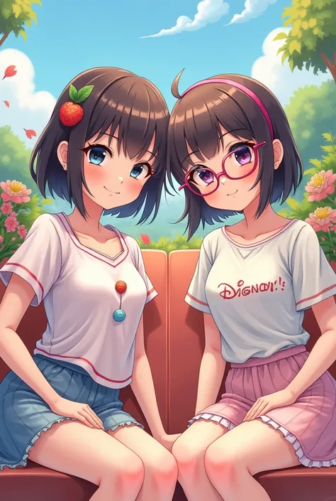 two girls, a Latina with short brown hair and an Asian with bangs and short hair with glasses, two anime girls kawaii manga style 