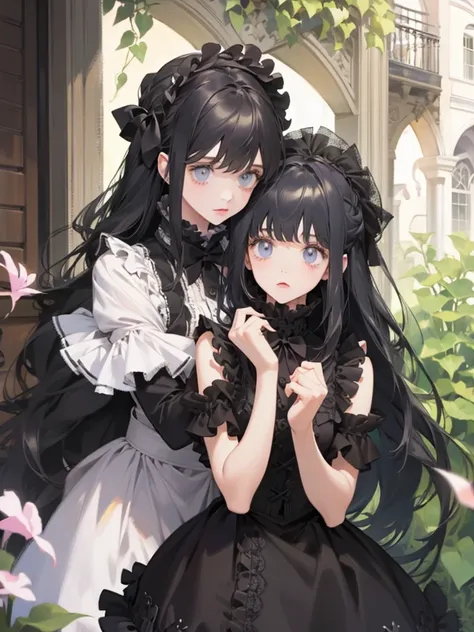 Two Girls　Goth　cute　Around town　Long Hair　Good friends　Frilly Dress　Petals fluttering down