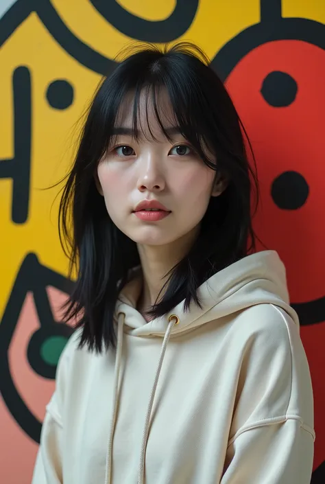 live-action、Real、Keith Haring&#39;s background、Beautiful Japanese Women、solo、dot、Vivid Color、Black Hair、Straight Hair、hoodie
