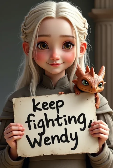 Photo realistic. baby Daenerys Targaryen with a baby dragon on her shoulder. Smiling, beautiful eyes. Holding a handwritten Sign must have the words, "Keep Fighting, Wendy"