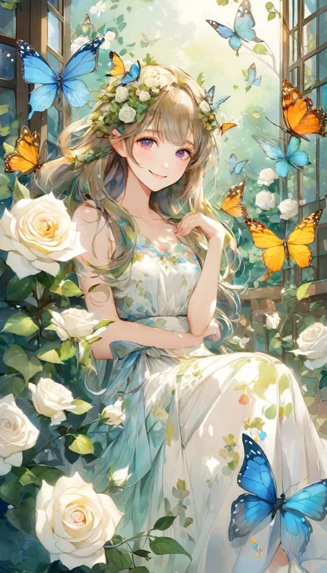 Girls, dryads, wooden hair, butterflies, white roses, flower petals, smiles, the aesthetic colors created by colorful tiles, cute poses, meaningless illustrations, exquisite color balance and harmony, mysterious watercolor style, glass-like transparency, s...