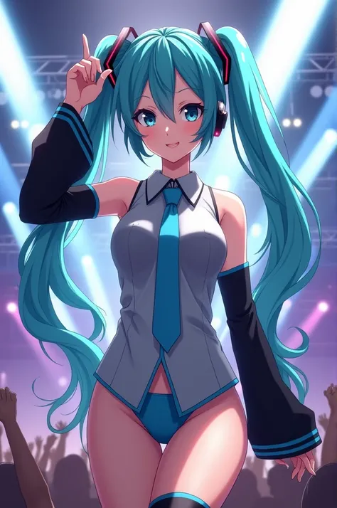 Miku in a gray shirt with a blue tie with black sleeves without a skirt showing her blue panties and black stripes at an anime concert 