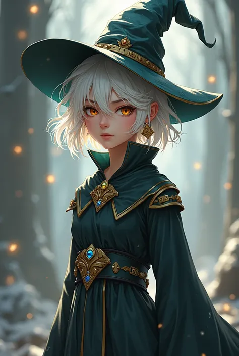 A young warrior mage with shoulder-length wavy white hair, piercing no septo, ear expanders, honey colored eyes, wearing a magician&#39;s hat and dress