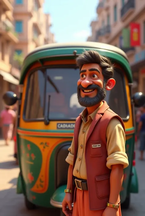 "A rickshaw driver with a friendly demeanor, replying to Titu, 50 rupees, with a rickshaw in the backgroundGenerate in cinematic 3d cartoon style