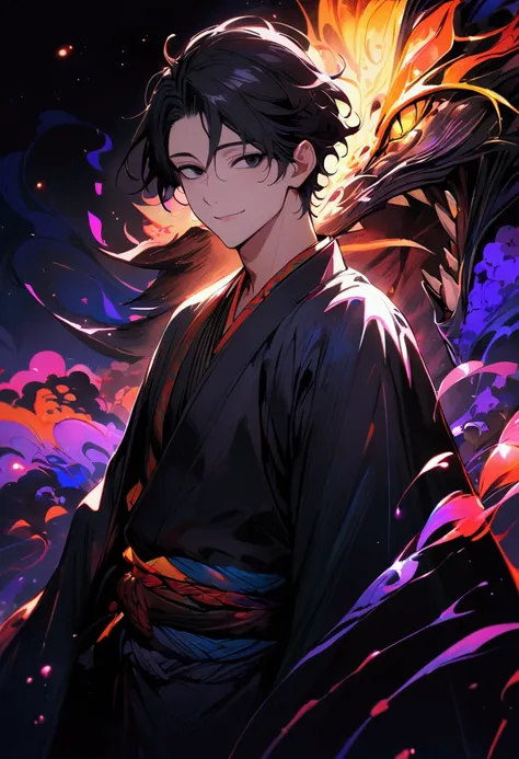 Best quality, Black hair , 1 male, big black eyes, Black kimono , A gentle smile