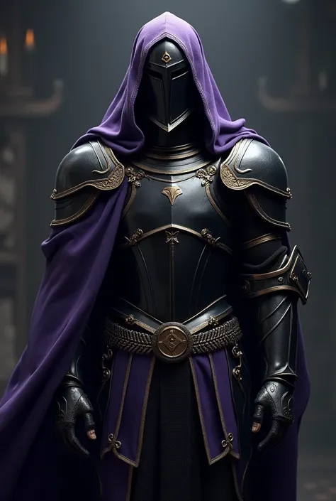 Knight in black armor with gold details and violet cloth adornments, with a tunic covering his helmet and part of the armor, dark fantasy style