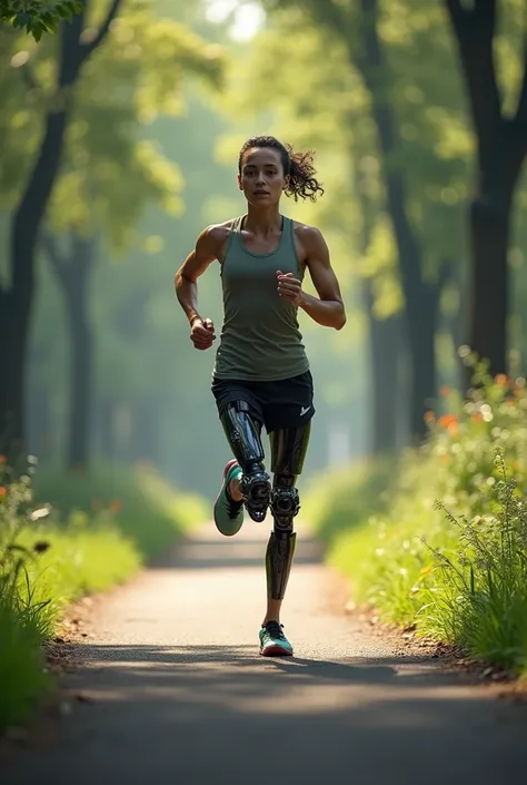 Person with prosthetic leg running in a park in profile