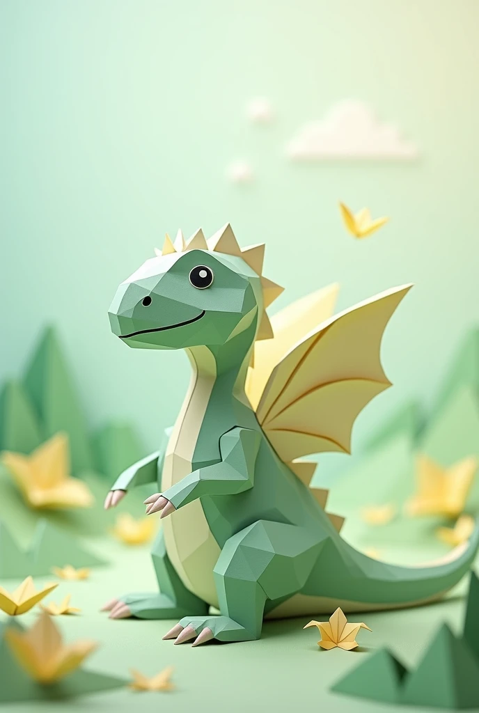 I want a dinosaur that has angelic wings and is papercraft style. I want the dinosaur to be quite tender and green in color and in the background I want you to change the dinosaur for a much more tender one 