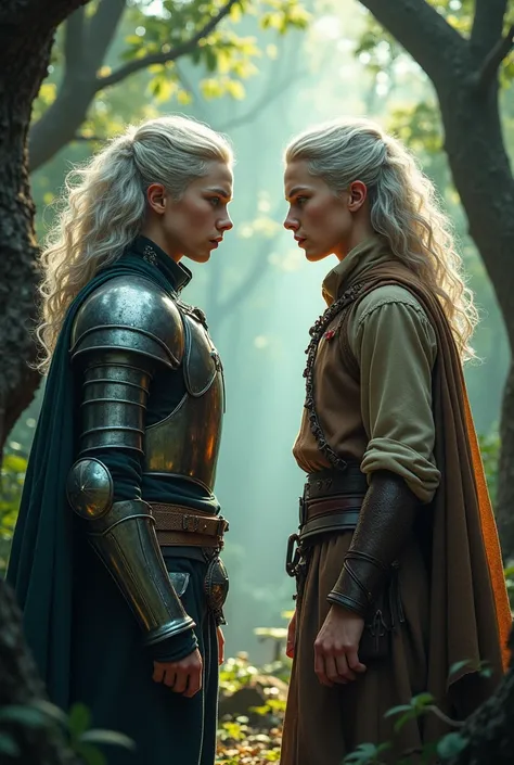 Young adult male twins, with wavy silver hair, Deep bright blue eyes and pale skin. One twin is wearing soldier armor and the other twin is wearing brown linen and leather clothes., in a forest ready for battle, male, gothic aesthetics