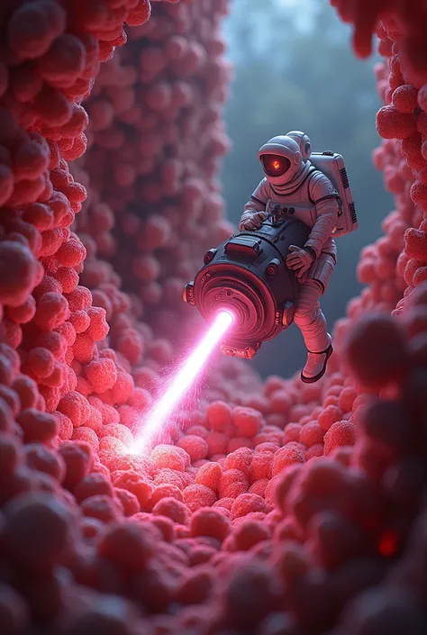 a microscopic submarine called "Proteus" encounters and battles a colony of staphylococcus bacteria on the stomach wall, crew in spacesuits wielding laser guns, human bodily fluids, white blood cells, red blood cells, antibodies, ultra-realistic, movie-sty...