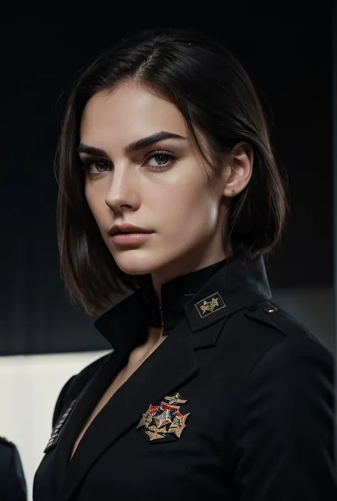 2 man with attractive appearance with defined jaw and stern expression, Eyes, Of a deep black her eyebrows brown hair .His pale skin with dark military suit and many insignia.. dark background
