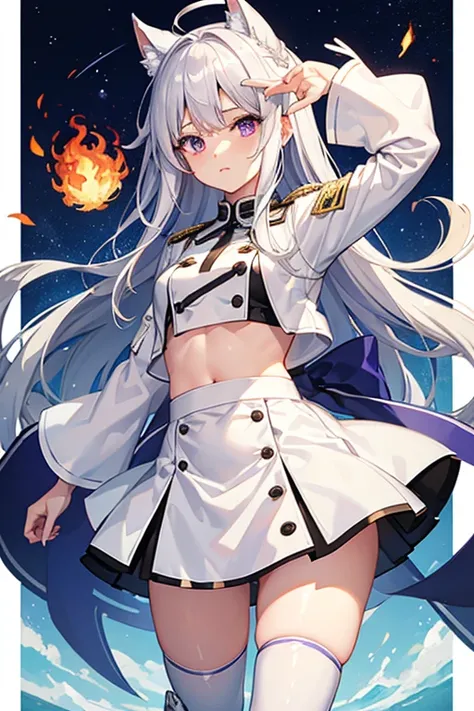 White combat uniform、背景にrest、Burning Flames、For viewers、Have、Short skirt、long Silver Hair、Purple eyes、White long boots、rest、mini skirt、Cute anime face、Silver Hair、Belly button、Standing