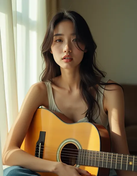 A Korean Woman dark long hair, cool girl , sexy pose, dressed in white sleeveless, denim pants , hold acoustic guitar, looking at viewer, pose ,
morning sunlight filtering through curtains, room light casting delicate shadows on the walls, soft natural lig...