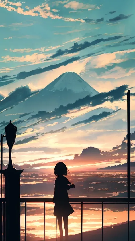 anime,silhouette,One girl, cloud, Outdoor, Skyscraper, City lights, blue sky, Skyline,morning,wake up,In nature,Mountain,Couple