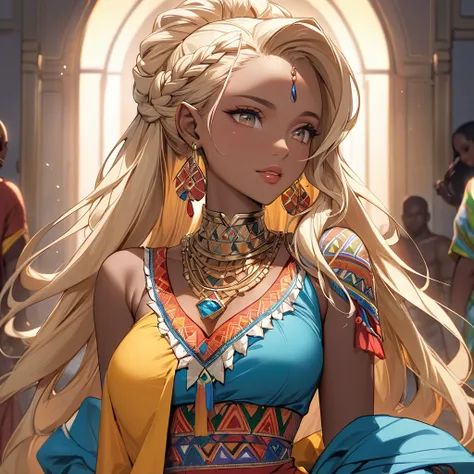 ((Best Quality)), ((masterpiece)), (detailed), （Perfect Face）、The high elf woman is Seras Ashlain, wearing a colorful Ghanaian national costume, gorgeous jewelry, and an engagement ring. Her blonde medium-long hair is finely braided into a braid, giving he...