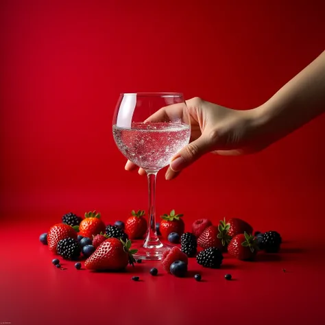 Hand holding glass of gin with strawberries, blueberry, blackberry and raspberry on a red background 