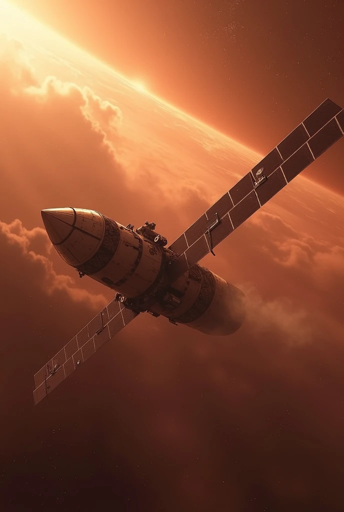 A futuristic space scene showing a indian satellite orbiting Venus