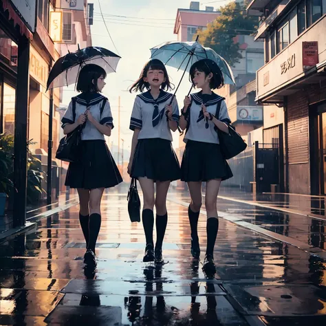 Best Quality, Super detailed, (Ultra-high resolution,8k), Ultra-high definition 4K, A group of teenage girls in vibrant sailor uniforms are laughing together as they walk home from school on a rainy afternoon. One girl is holding a colorful umbrella over h...