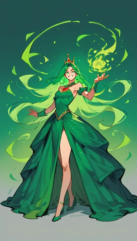 1 girl, solo, medium breast, long green hair, (((queen dress outfit))), tiara, sketch, fullbody, elemental magic, powerful, kind smile, magic, 