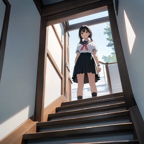 High resolution, 8k, best quality, masterpiece, ultra detailed, anatomically correct, anime,
1 girl, standing on stairs,
She has very long low twintails with red ribbon, very long low pigtails, black hair, dark brown eye,
light smile,
BREAK
(white serafuku...