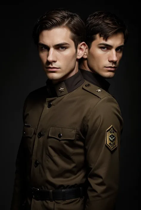 2 man with attractive appearance with defined jaw and stern expression, black eyes, short brown hair, His pale skin with dark military suit and many insignia.. dark background
