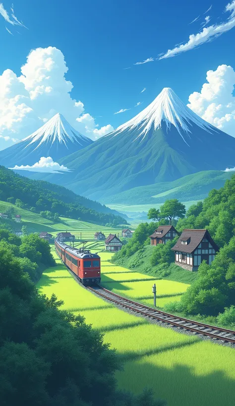 A tranquil Japanese rural landscape reminiscent of the world of Studio Ghibli. In the background, majestic mountains stretch far beyond the horizon, their peaks softly blending with the sky. In the foreground, a charming local train line weaves its way thr...