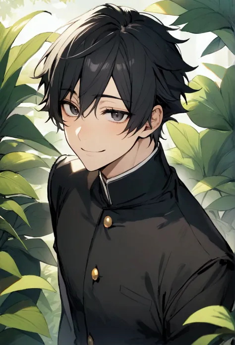 Best quality, Black hair , 1 male, big black eyes, Black Gakuran , A gentle smile