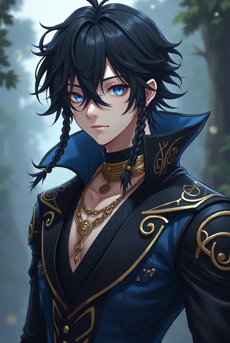 Character sheet Male anime RPG black hair blue braided locks and magical blue eyes, toys, golden necklaces and piercings and elegant clothes suit chaotic appearance