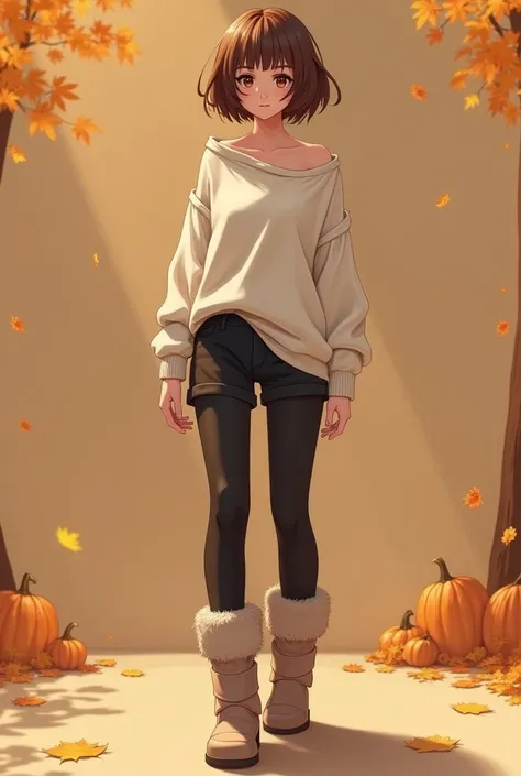 Comfy fall clothes, a baggy off shoulder shirt, black short shorts, black leggings, leg warmers, fuzzy boots, brown short hair