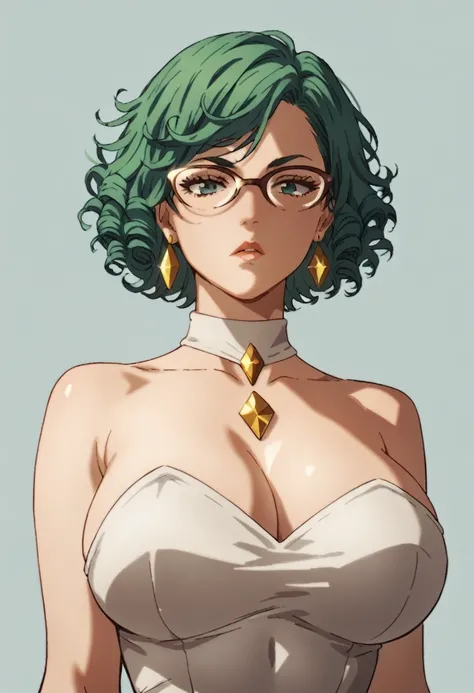 woman, alone, glasses, short hair, pale blue-green curly hair, big breasts, white dress, gold diamond earrings,