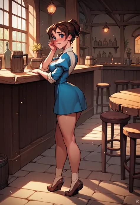 score_9, score_8_up, score_7_up, score_6_up, cute girl in a tavern, puffy sleeves, short dress, curvy, medium breasts, looking at viewer, full body, cartoon, dynamic pose, from side, nervous, 
 JanePorterXLP