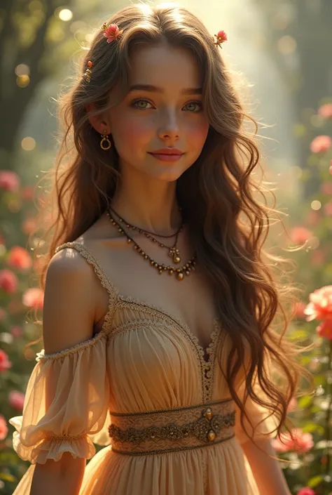 Beautiful girl with long wavy hair, bohemian dress, disney 