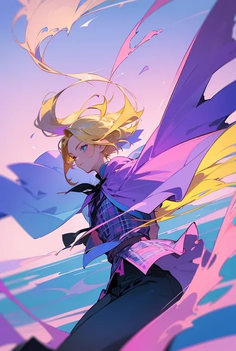 Wide shot of a blonde haired boy with bob hair pink and blue plaid cape black pants. Floating in the sky of England with a girl in a blue dress and braid, purple pink yellow and blue color palette. Dynamic composition in S