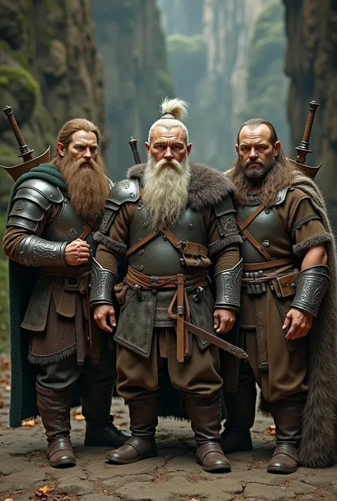 Best Quality, masterpiece, High resolution, Photorealistic, 3人のWarrior, 「Short dwarves, Warrior, Full body portrait, Height: 120cm」, human, Elf, male, The Lord of the Rings