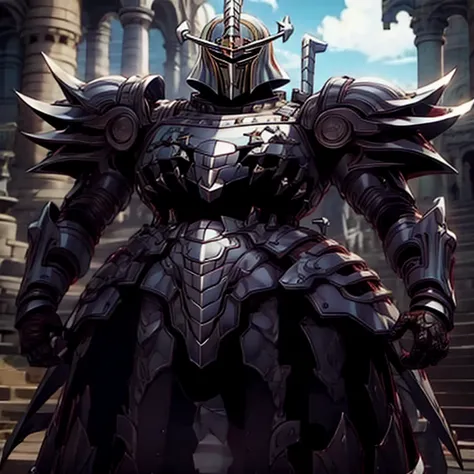 (masterpiece, best quality), 1boy,
intricate details.
covered in full silver armor.
Hyunckel with sleek silver armor.
shining silver armor.
white cape.
heroic atmosphere.
full plate armor.
heavy metal armor.
no face.
Full Size Body.
standing over a tiny co...