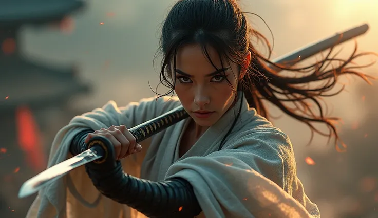 masterpiece, Best Quality, RAW Photos, Realistic photos, In his right hand he holds a Japanese sword, Slashing enemies with a Japanese sword, Watching the audience, Glaring at the audience, Japan Female Samurai, Wide-angle shot, Dynamic Perspective, sexy,t...