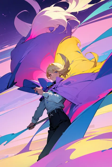 Wide shot of a blonde haired boy with bob hair pink and blue plaid cape black pants. Floating in the sky of England, purple pink yellow and blue color palette. Dynamic composition in S