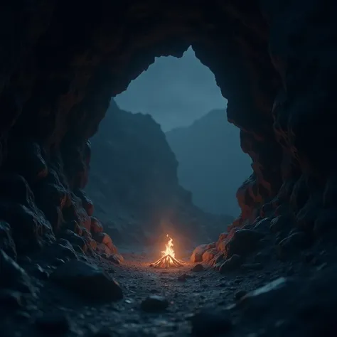 Make an image with the background a little out of focus, the background is a scene of the entrance to a cave, with a night sky above the image, there is a little fire inside the cave. It has sharp rocks. ((HD image)), ((cinema image)).