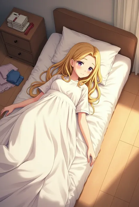 In anime style from above a beautiful girl is lying face down on her bed we see her room from above some clothes and personal items on the wooden floor next to the bed where she sleeps teenage style of dressing, her long blond hair slides down her back and...